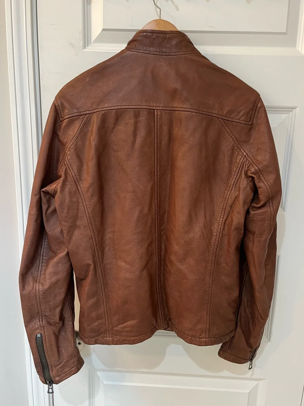 Hugo Boss Orange Julino Brown Leather Moto Jacket Mens 38R M Cafe Racer Full Zip